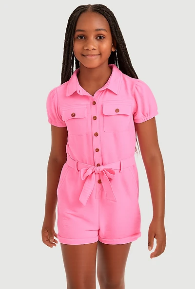 Girls Puff Sleeve Tie Waist Belted Romper,