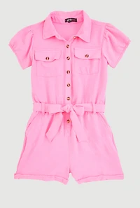 Girls Puff Sleeve Tie Waist Belted Romper, Pink, Size 10-12