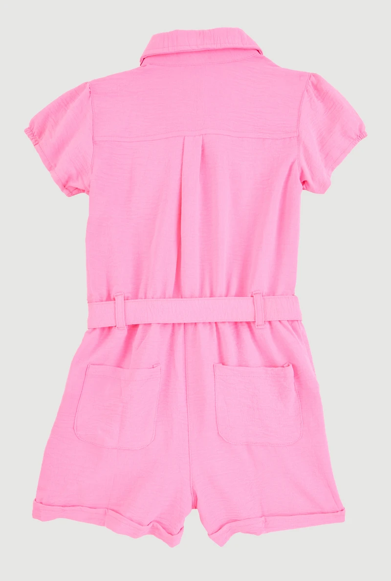 Girls Puff Sleeve Tie Waist Belted Romper, Pink, Size 10-12