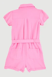 Girls Puff Sleeve Tie Waist Belted Romper, Pink, Size 10-12