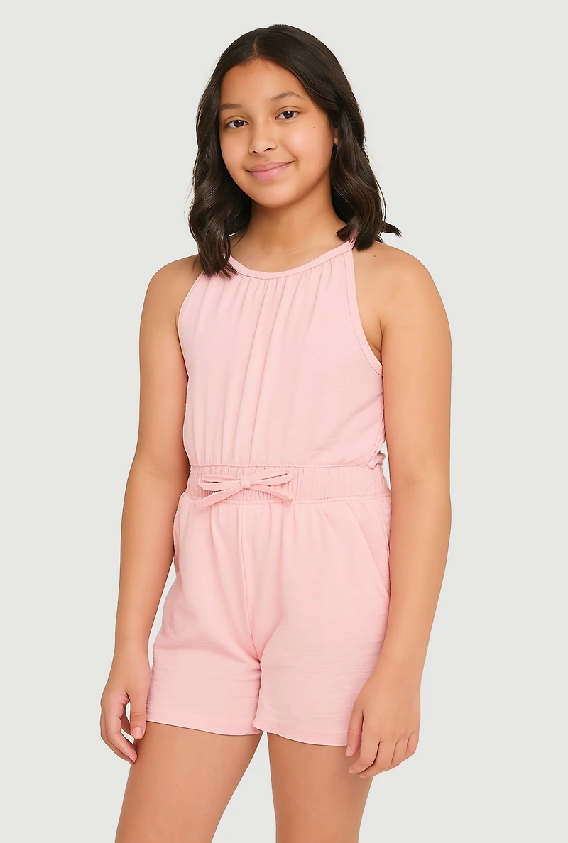 Girls Smocked Sleeveless Romper, Pink, Size 10-12