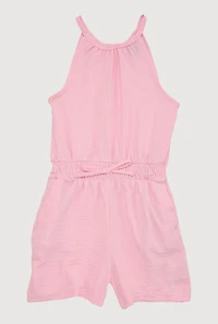 Girls Smocked Sleeveless Romper, Pink, Size 10-12