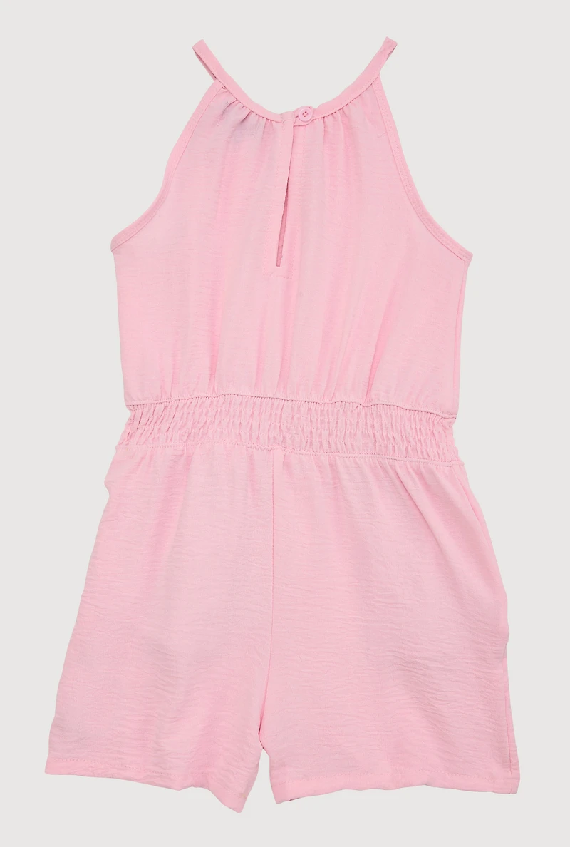 Girls Smocked Sleeveless Romper, Pink, Size 10-12