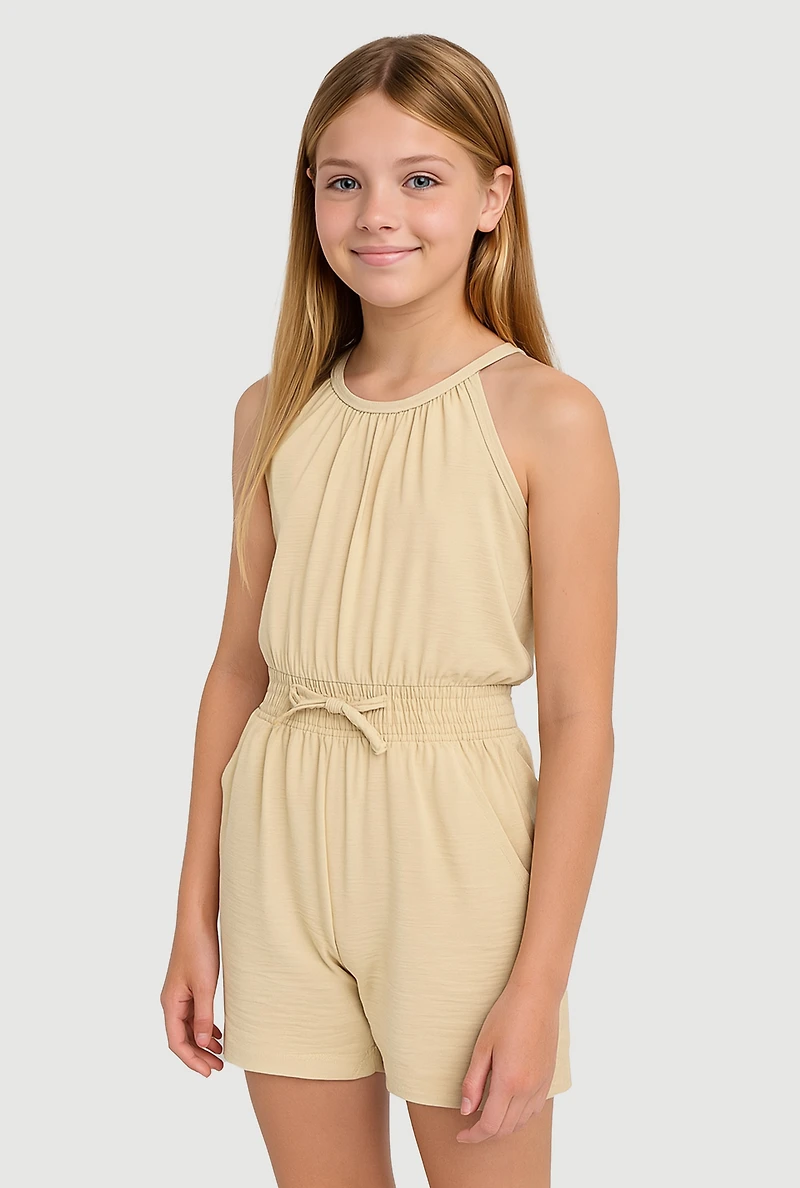 Girls Smocked Sleeveless Romper, Beige, Size 10-12