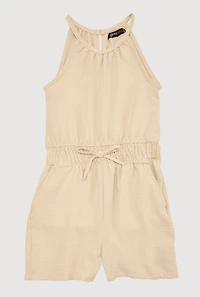Girls Smocked Sleeveless Romper, Beige, Size 14-16