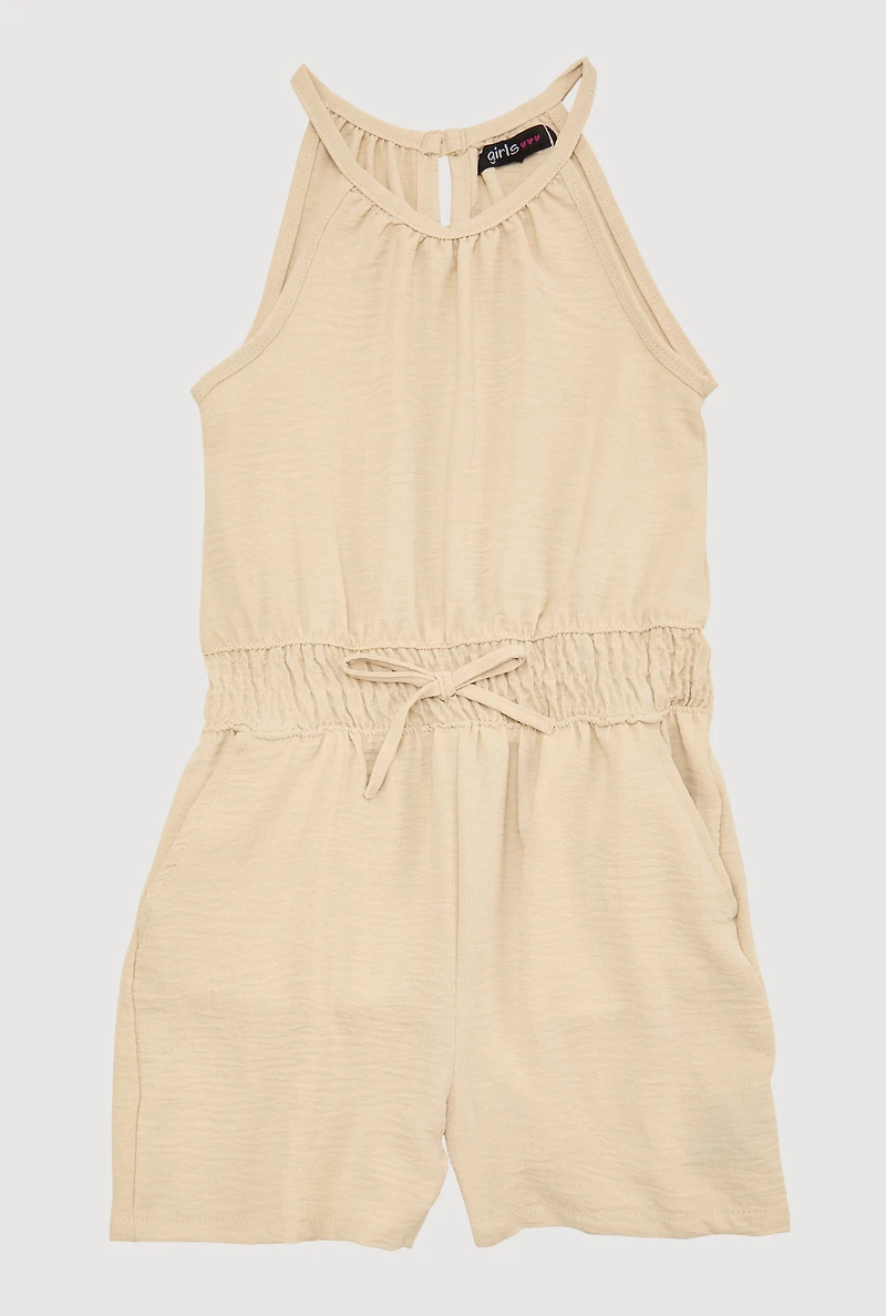 Girls Smocked Sleeveless Romper, Beige, Size 10-12