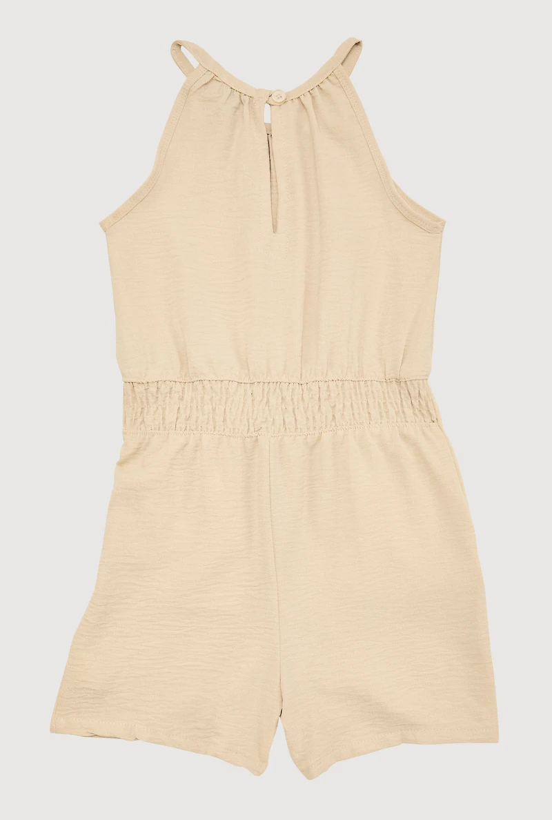 Girls Smocked Sleeveless Romper, Beige, Size 10-12