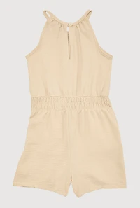 Girls Smocked Sleeveless Romper, Beige, Size 10-12