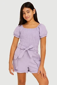 Girls Puff Sleeve Smocked Cargo Romper