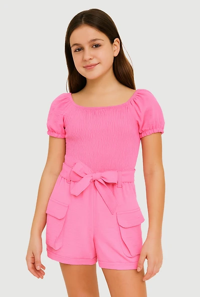 Girls Puff Sleeve Smocked Cargo Romper, Pink, Size 10-12