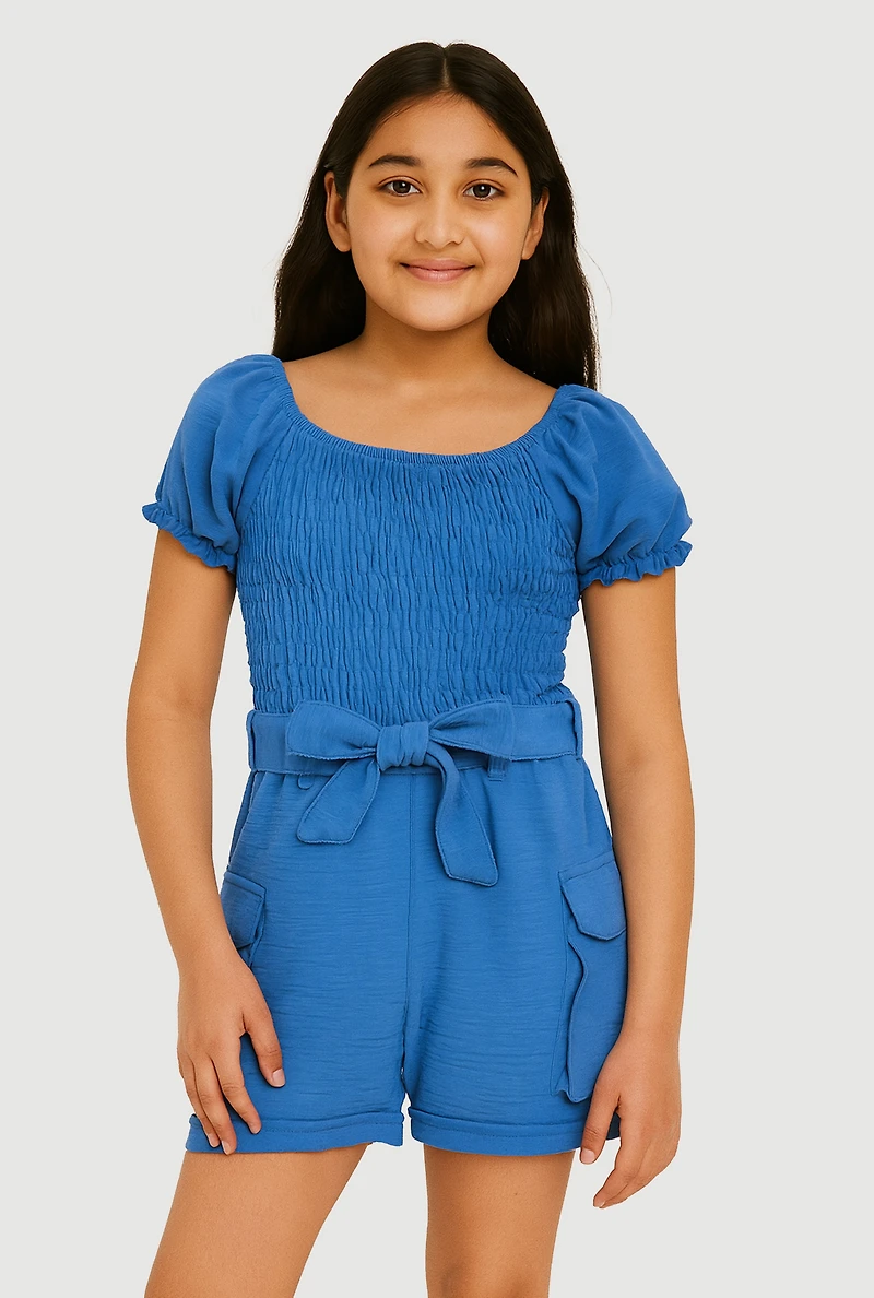 Girls Puff Sleeve Smocked Cargo Romper, Blue, Size 10-12