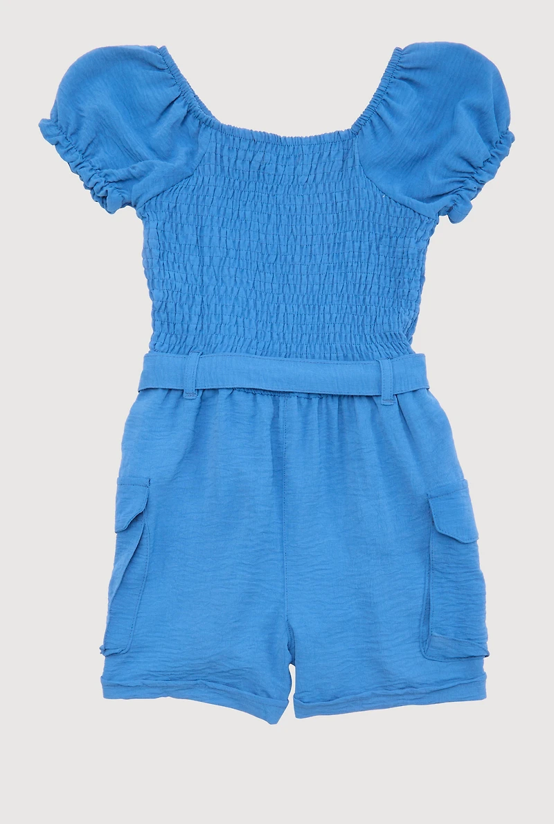 Girls Puff Sleeve Smocked Cargo Romper, Blue, Size 10-12