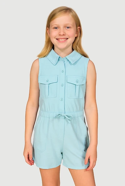 Girls Button Front Sleeveless Romper, Blue, Size 10-12