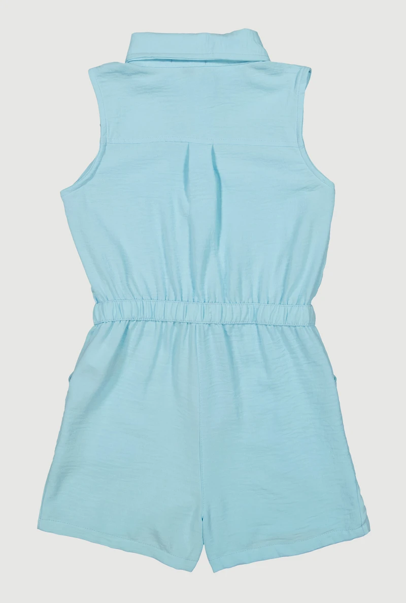 Girls Button Front Sleeveless Romper, Blue, Size 10-12