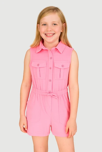 Girls Button Front Sleeveless Romper, Pink, Size 10-12