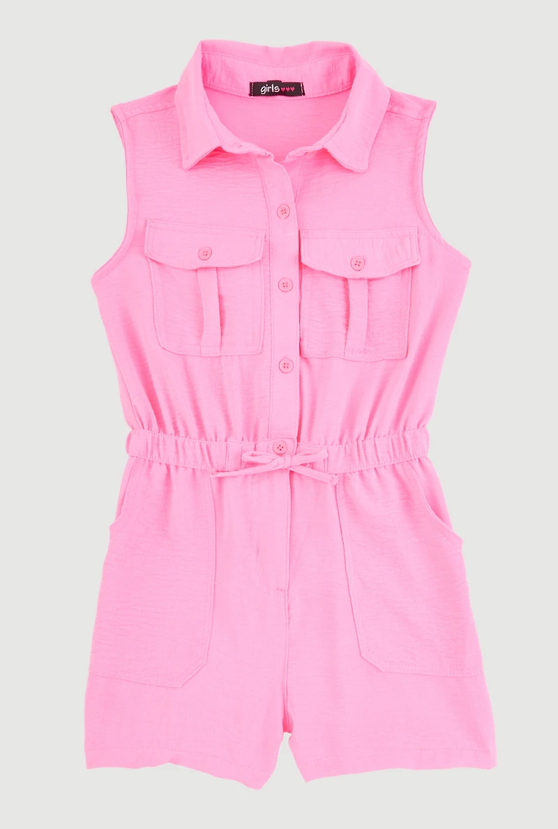 Girls Button Front Sleeveless Romper, Pink, Size 10-12