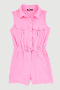 Girls Button Front Sleeveless Romper, Pink, Size 10-12