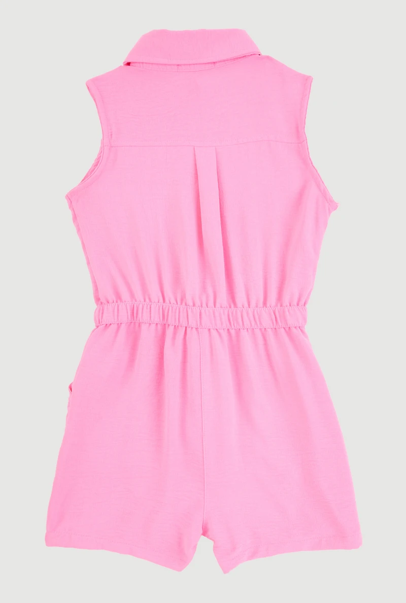 Girls Button Front Sleeveless Romper, Pink, Size 10-12