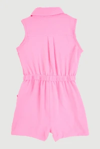 Girls Button Front Sleeveless Romper, Pink, Size 10-12