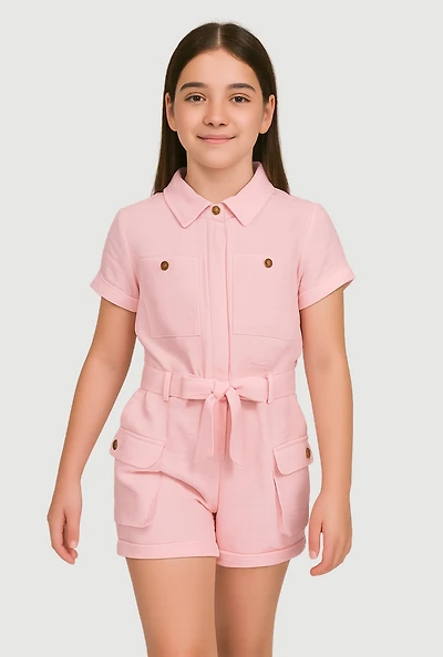 Girls Crepe Knit Tie Waist Belted Utility Romper, Pink, Size 10-12