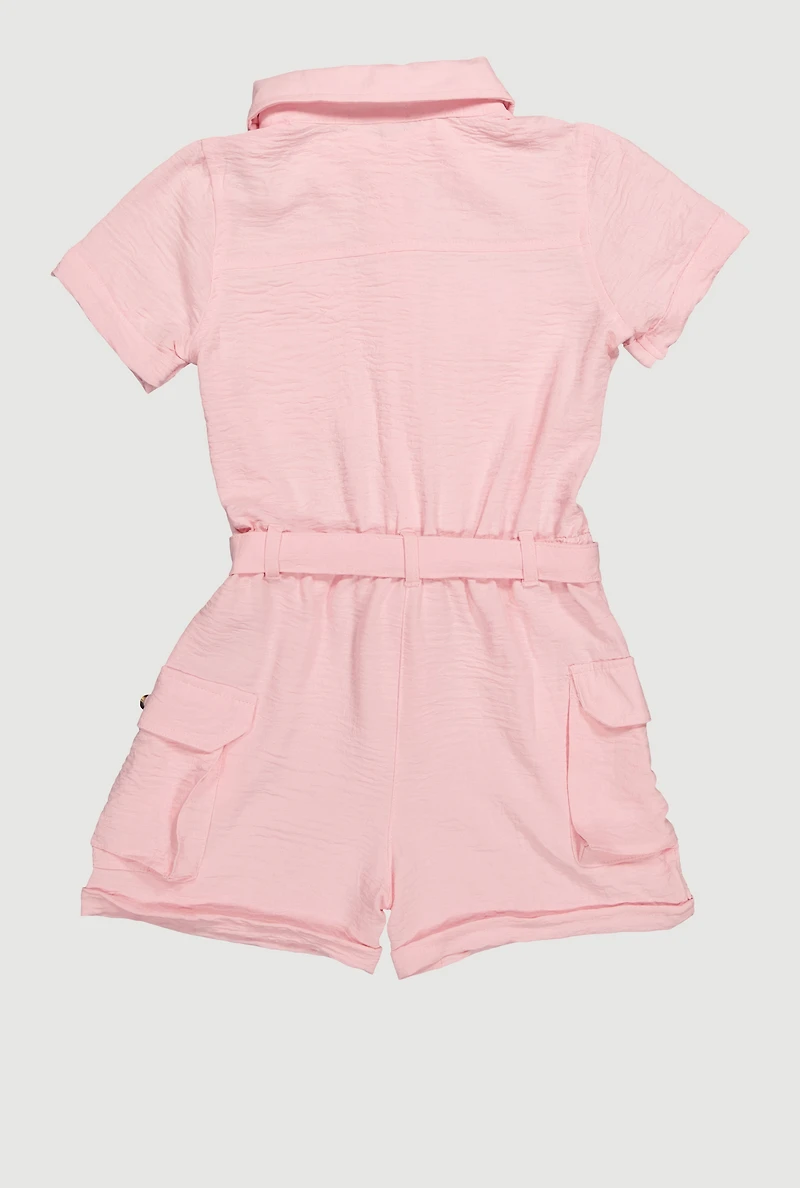 Girls Crepe Knit Tie Waist Belted Utility Romper, Pink,