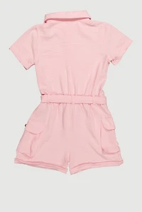 Girls Crepe Knit Tie Waist Belted Utility Romper, Pink,