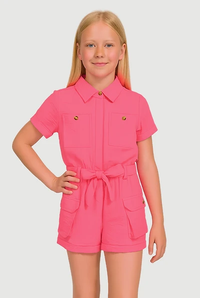 Girls Crepe Knit Tie Waist Belted Utility Romper, Pink, Size 10-12