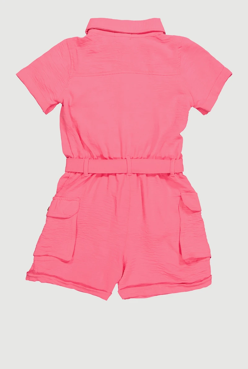 Girls Crepe Knit Tie Waist Belted Utility Romper, Pink, Size 10-12