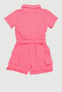 Girls Crepe Knit Tie Waist Belted Utility Romper, Pink, Size 10-12