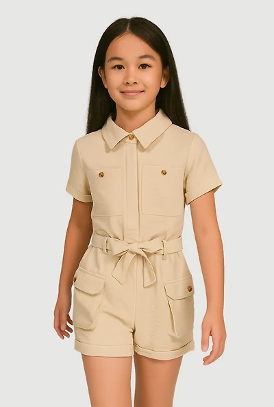 Girls Crepe Knit Tie Waist Belted Utility Romper,