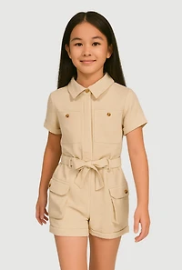 Girls Crepe Knit Tie Waist Belted Utility Romper, Beige, Size 7-8