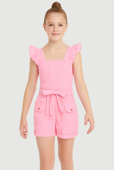 Girls Ruffled Sleeveless Smocked Romper, Pink, Size 10-12