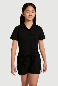 Girls Tie Waist Tabbed Utility Romper