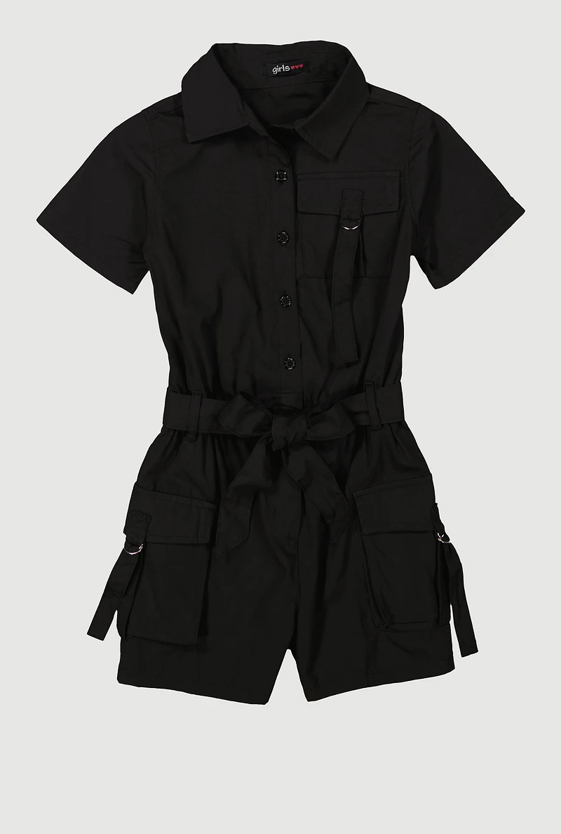 Girls Tie Waist Tabbed Utility Romper