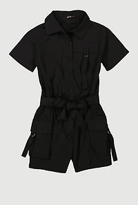 Girls Tie Waist Tabbed Utility Romper