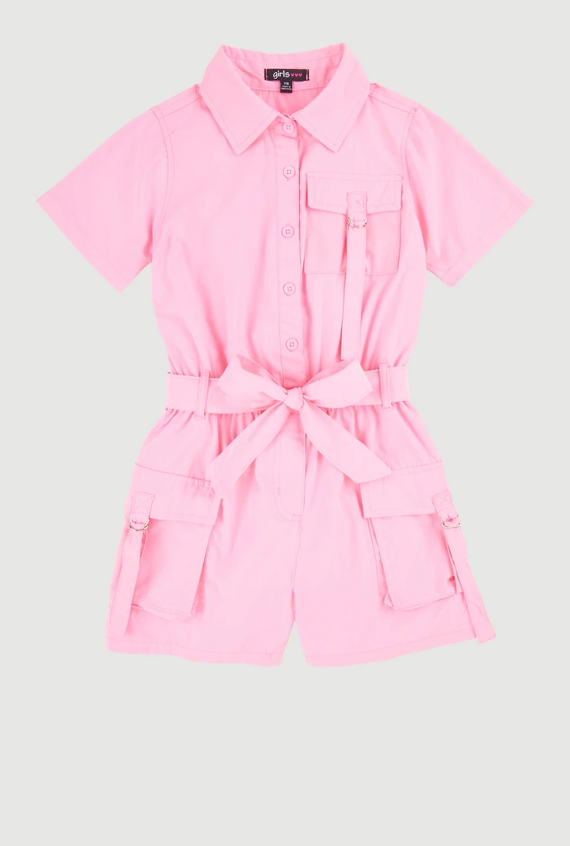 Girls Tie Waist Tabbed Utility Romper, Pink, Size 7-8