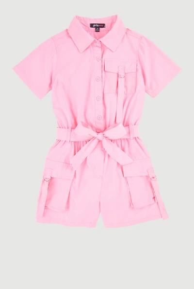 Girls Tie Waist Tabbed Utility Romper, Pink, Size 7-8