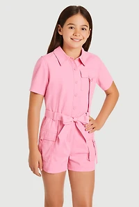 Girls Tie Waist Tabbed Utility Romper, Pink, Size 10-12