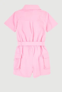 Girls Tie Waist Tabbed Utility Romper, Pink, Size 7-8