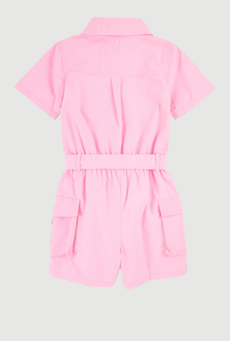 Girls Tie Waist Tabbed Utility Romper, Pink, Size 10-12