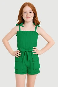 Girls Gauze Knit Tie Shoulder Smocked Cargo Romper