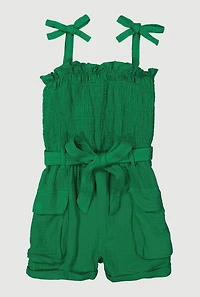 Girls Gauze Knit Tie Shoulder Smocked Cargo Romper, 10-12