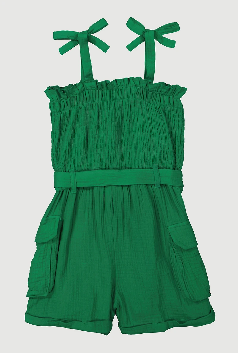 Girls Gauze Knit Tie Shoulder Smocked Cargo Romper, 10-12