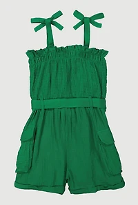Girls Gauze Knit Tie Shoulder Smocked Cargo Romper, 10-12