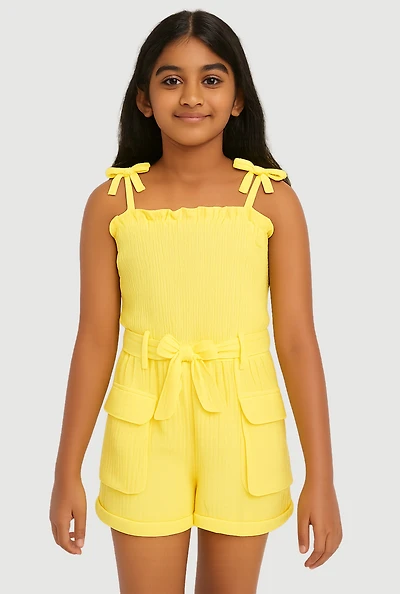 Girls Gauze Knit Tie Shoulder Smocked Cargo Romper, Yellow, Size 10-12