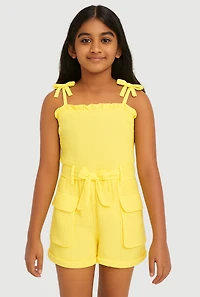 Girls Gauze Knit Tie Shoulder Smocked Cargo Romper, Yellow, Size 10-12