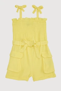 Girls Gauze Knit Tie Shoulder Smocked Cargo Romper, Yellow, Size 10-12