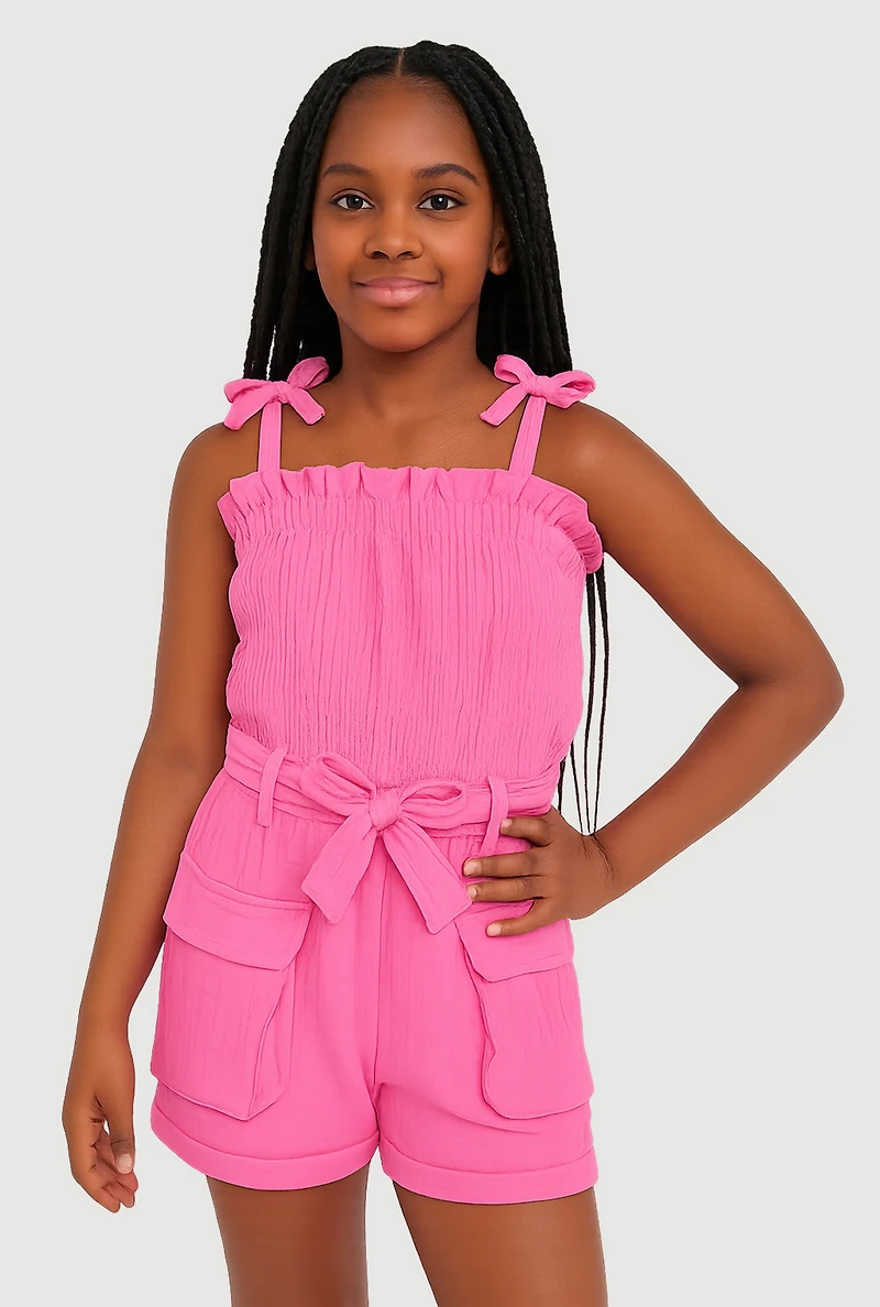 Girls Gauze Knit Tie Shoulder Smocked Cargo Romper,