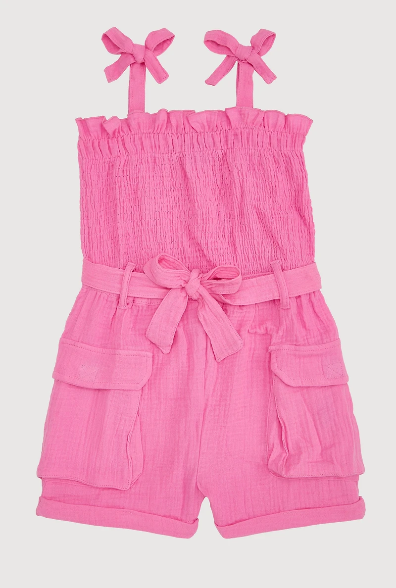 Girls Gauze Knit Tie Shoulder Smocked Cargo Romper, Pink, Size 10-12