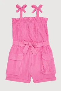 Girls Gauze Knit Tie Shoulder Smocked Cargo Romper, Pink, Size 10-12